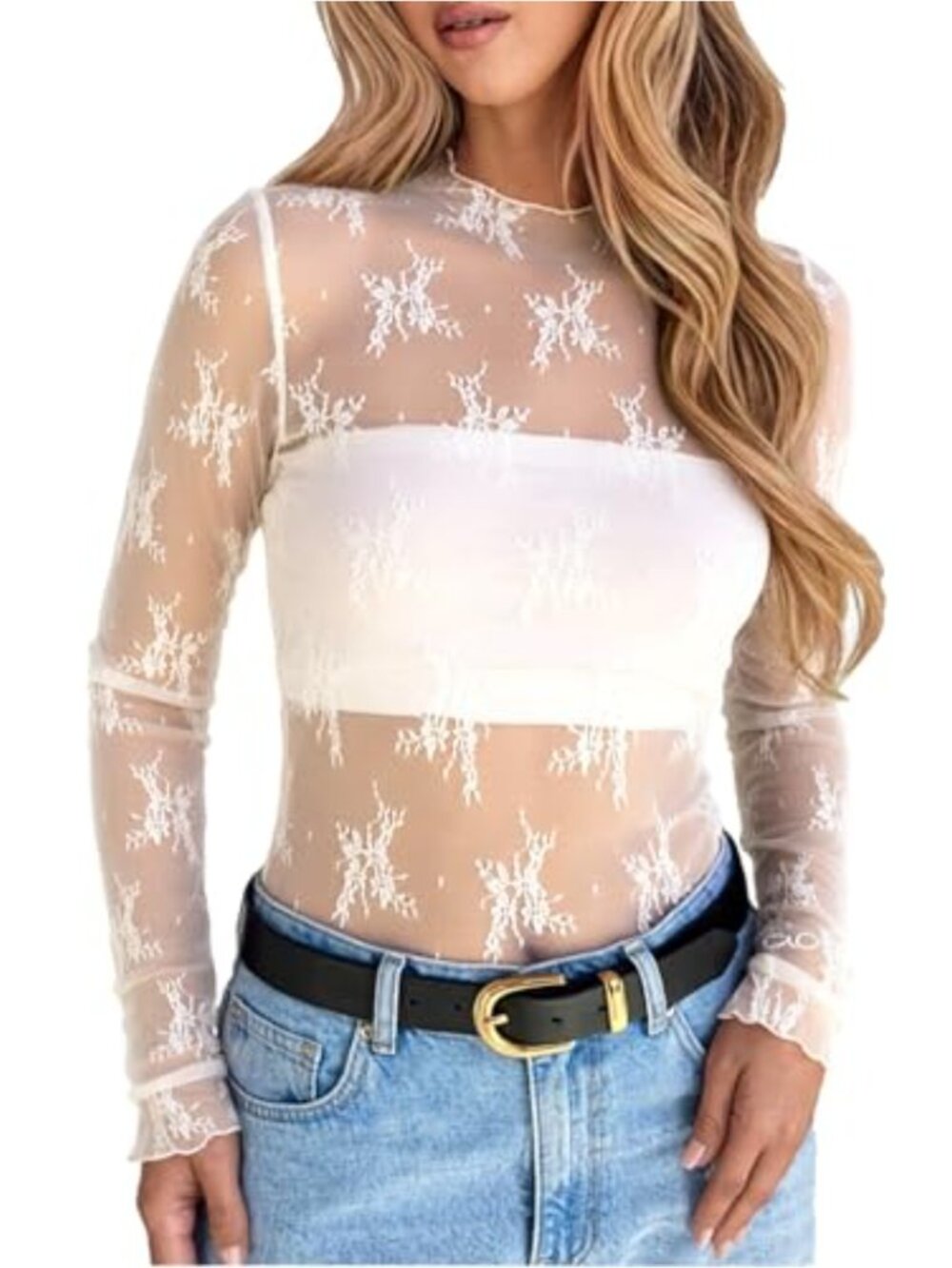 Sheer Lace Mock Neck Long Sleeve Blouse Women Sexy Mesh Top